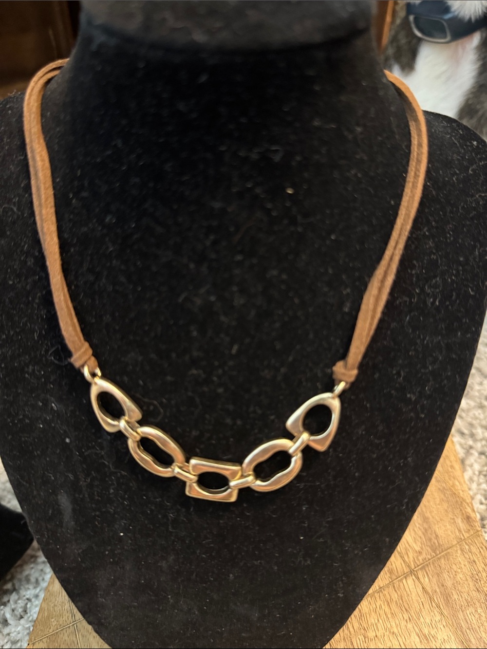 Lia Sophia Gold Tone Link Necklace with Brown Suede Cord